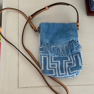 Tory Burch Light Blue Fringe Textured Crossbody with Tan Strap